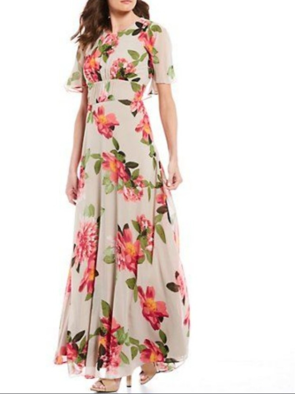 Calvin Klein Beige Maxi Dress with Pink Floral Print Sz 8
